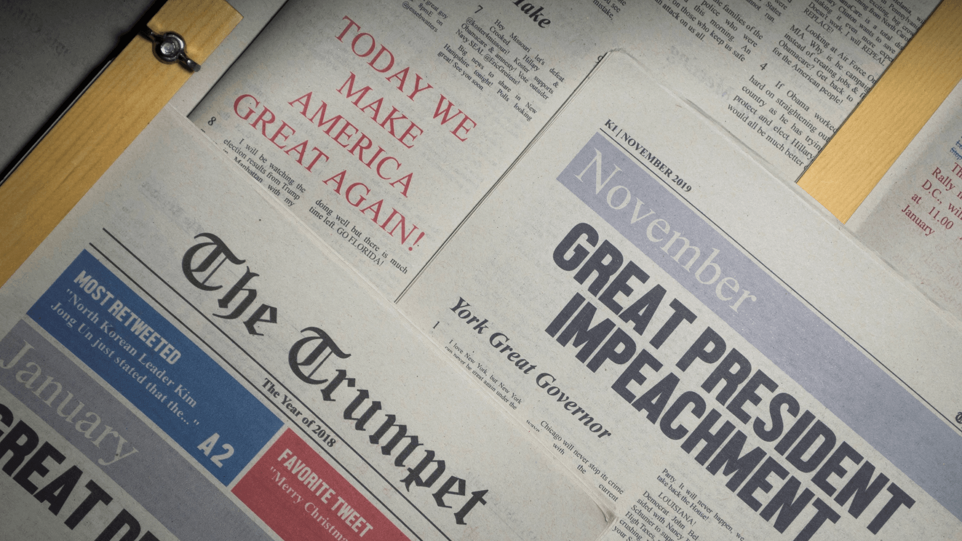 Photograph of some The Trumpet newspapers laid out, highlighting a headline 'GREAT PRESIDENT IMPEACHMENT' and text 'TODAY WE MAKE AMERICA GREAT AGAIN!'.